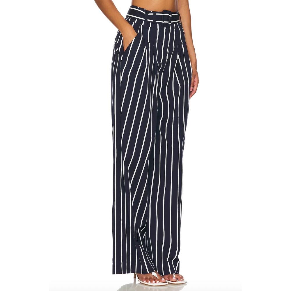 New Veronica Beard Maliyah Cotton Pants Belted High Rise Wide Leg Navy Size 2